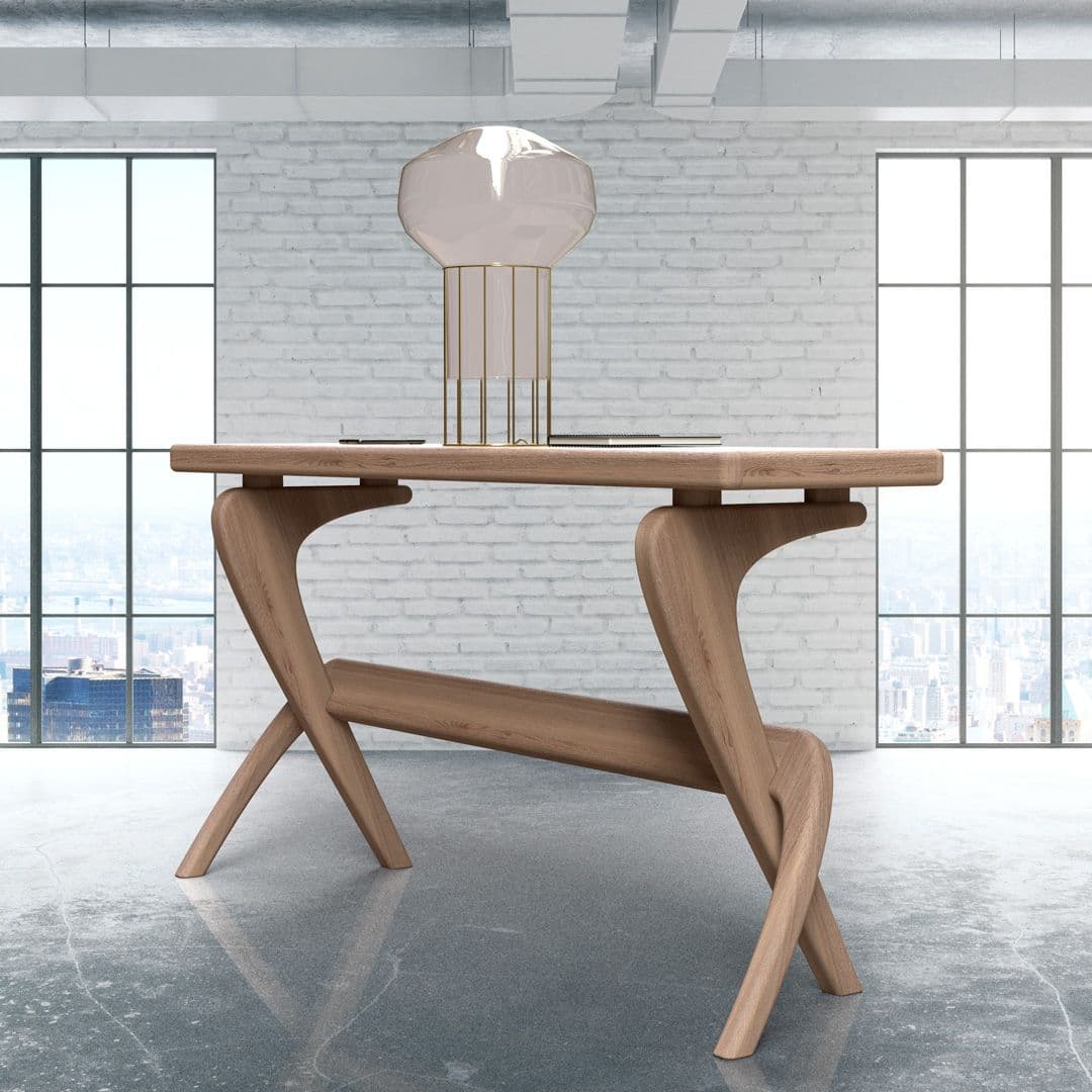 A small, rectangular wooden table featuring a light wood tone and distinctive, elegantly curved legs that interlock to form a sculptural base. The design is minimalist and modern. — 3D model