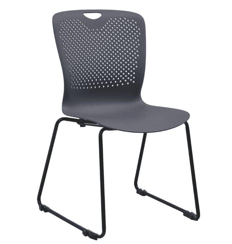 A modern gray plastic side chair featuring a perforated backrest and a black metal sled base, designed for stackability. — 3D model
