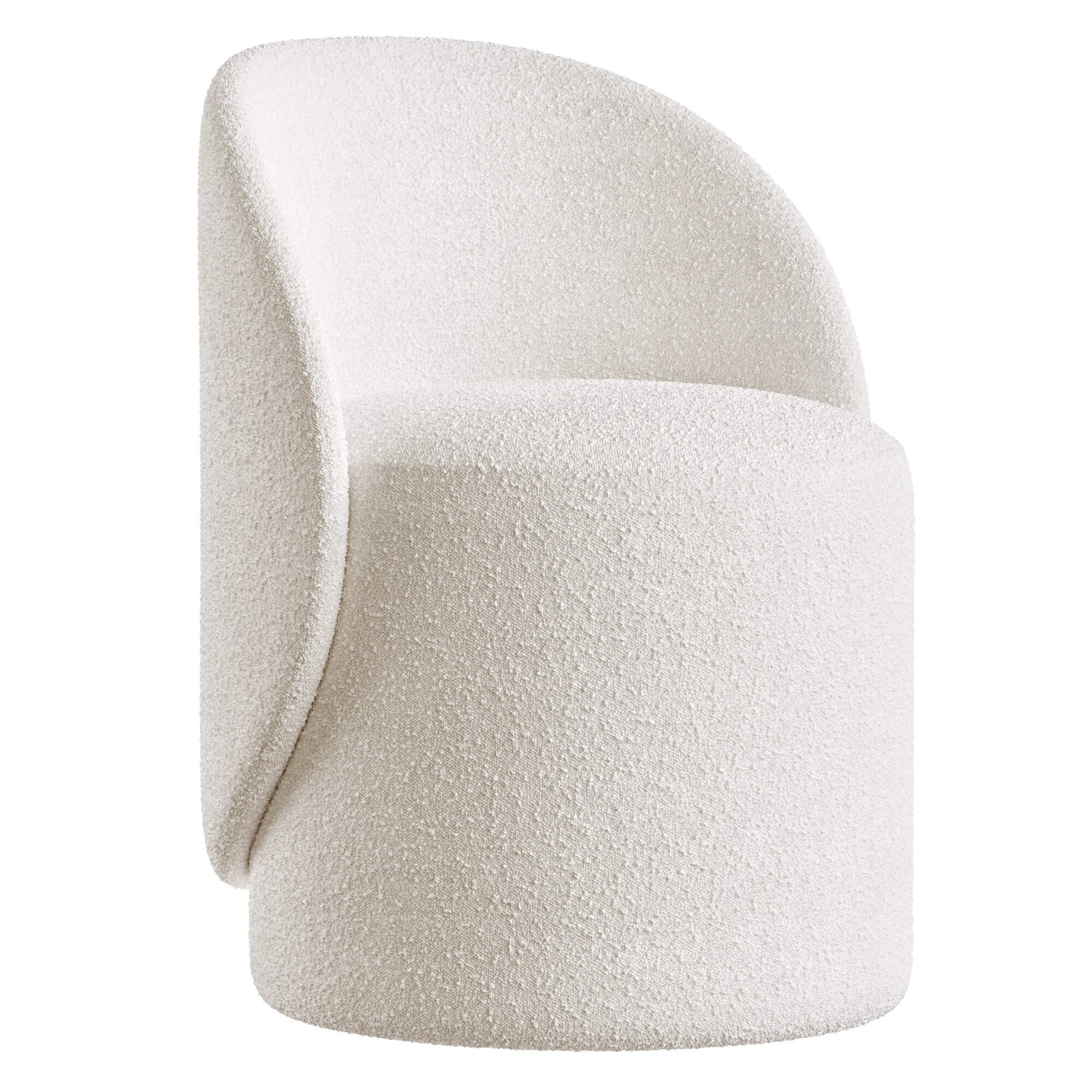 A contemporary bouclé barrel accent chair featuring a plush, textured off-white upholstery. The chair showcases a seamless, curved backrest that flows into integrated armrests and a circular, cylindrical base, creating a cohesive, sculptural silhouette. — 3D model