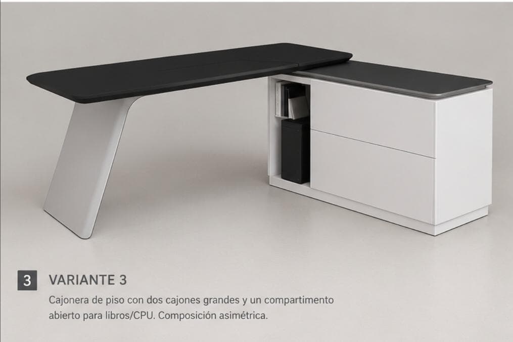 A modern L-shaped executive desk featuring a black desktop and a white integrated storage credenza, supported by a single angular white leg. — 3D model