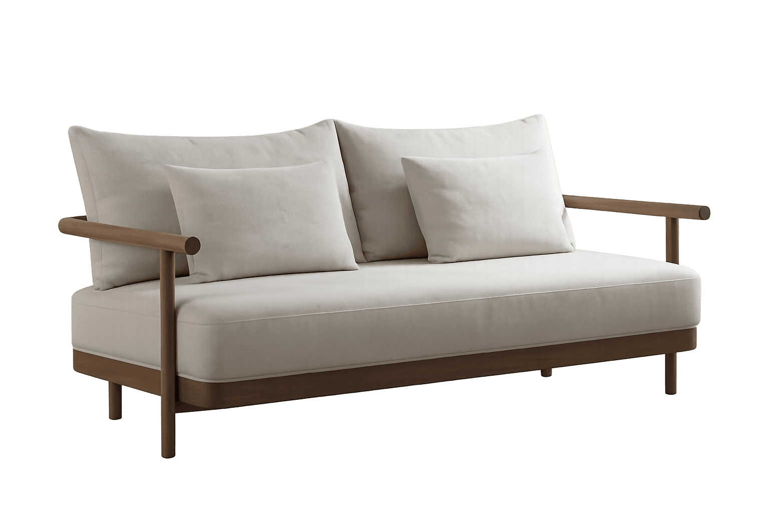 A contemporary two-seater loveseat characterized by its minimalist design, featuring a light-colored fabric upholstery on loose seat and back cushions, complemented by an exposed wooden frame and simple, rounded wooden armrests. Two matching throw pillows are included. — 3D model