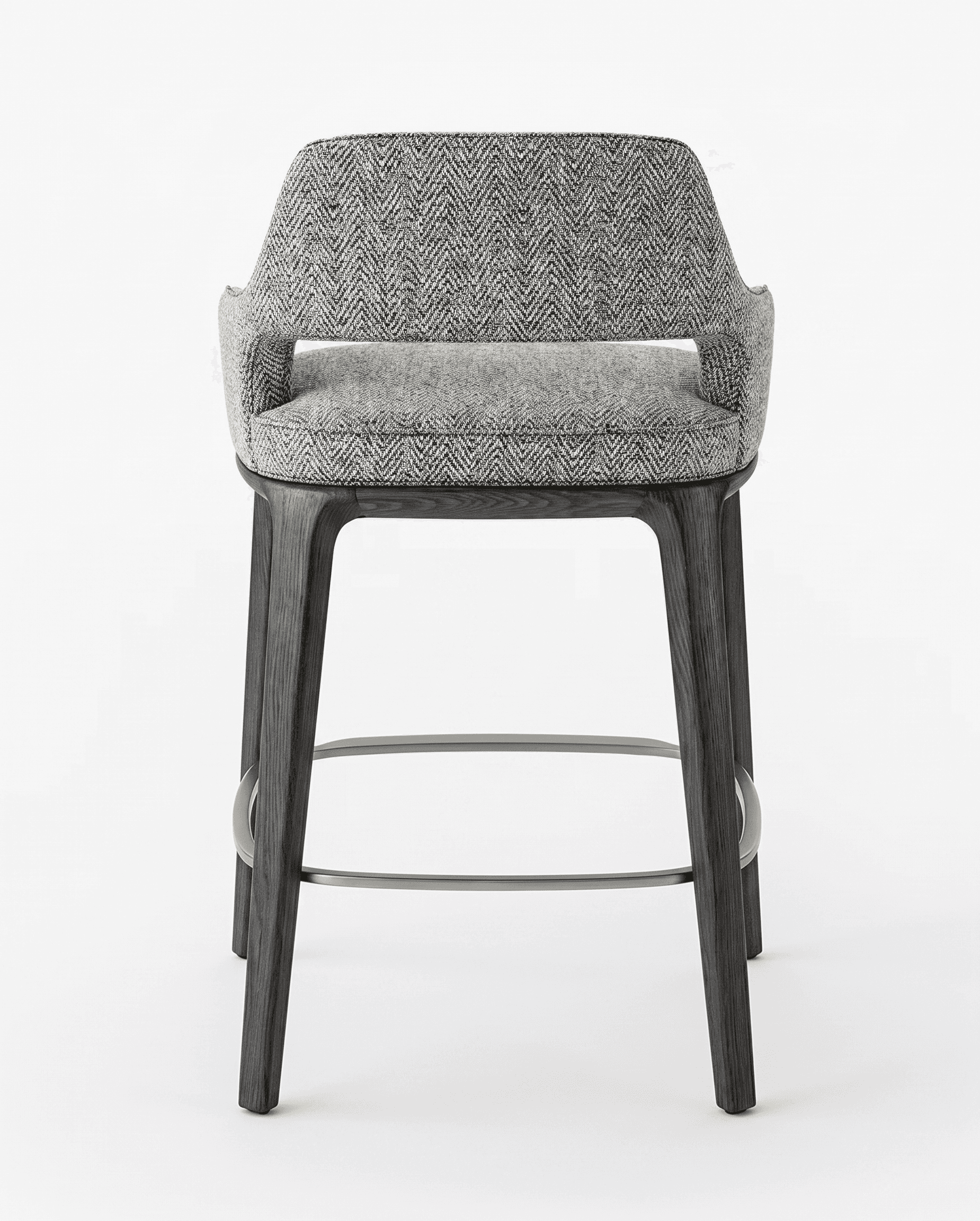 A modern bar stool with a fabric-upholstered seat and backrest, supported by dark-stained wooden leg… — 3D model