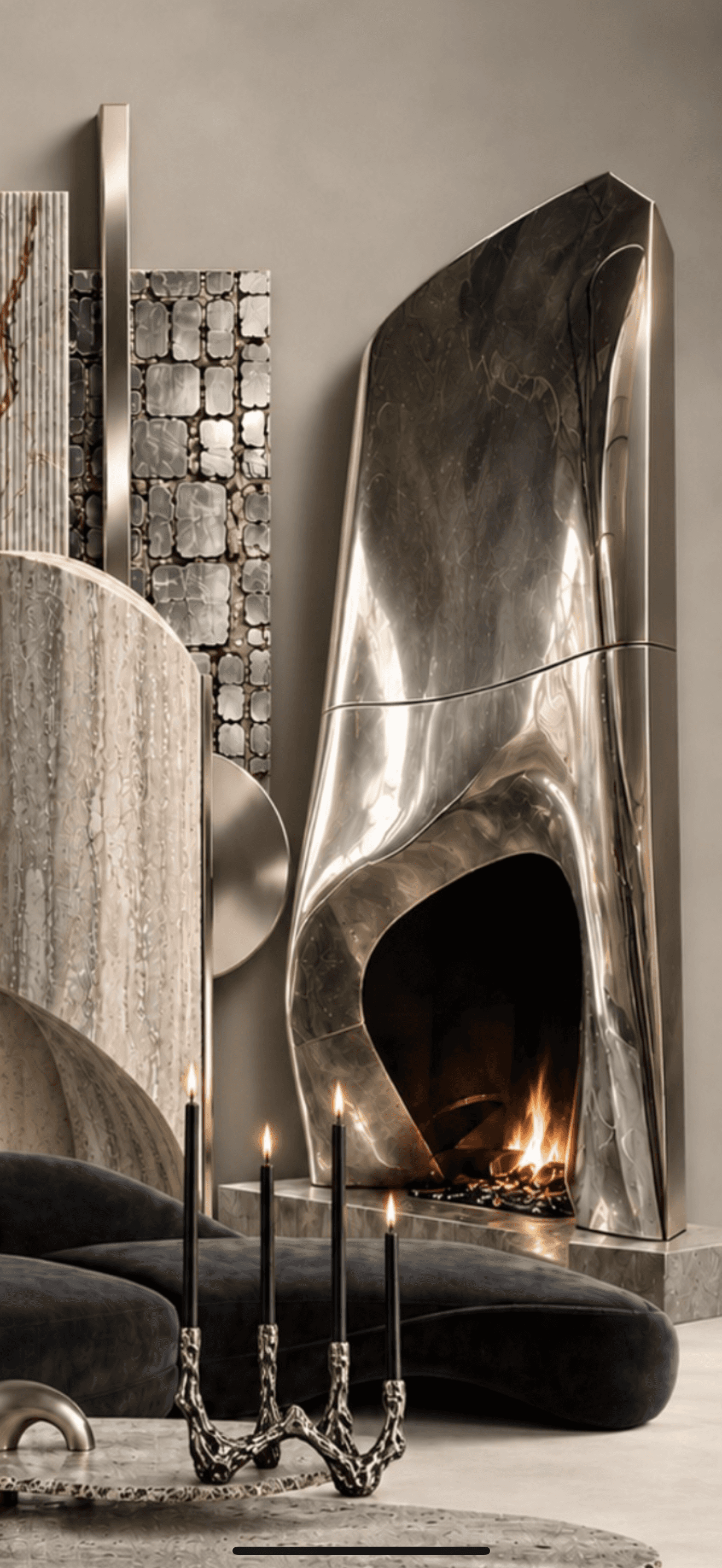 A modern, sculptural freestanding fireplace featuring a sleek, metallic finish and an organic, asymm… — 3D model