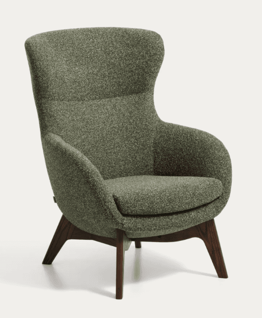 A modern upholstered lounge chair featuring a high, supportive backrest and integrated armrests, all covered in a textured olive green or greenish-grey fabric. The chair sits on a sturdy base of splayed, dark stained wooden legs, providing a visually light yet stable foundation. Its design emphasizes comfort and a curvilinear form, blending contemporary aesthetics with a touch of mid-century influence. — 3D model