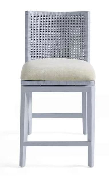 A light gray counter stool featuring a woven backrest and a beige upholstered seat cushion, set on a simple wooden frame. — 3D model