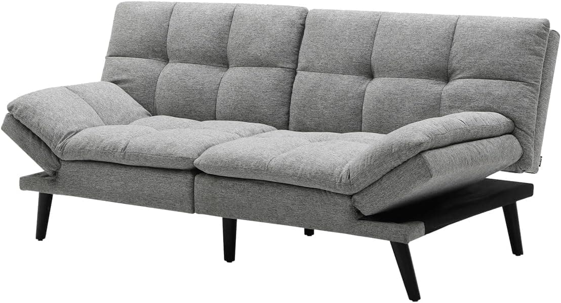 A gray upholstered sofa bed with tufted back cushions and adjustable armrests/backrest. The sofa features a split back design that can be reclined or folded down, and a portion of the frame is extended to form a bed base. It is supported by four black tapered legs. — 3D model