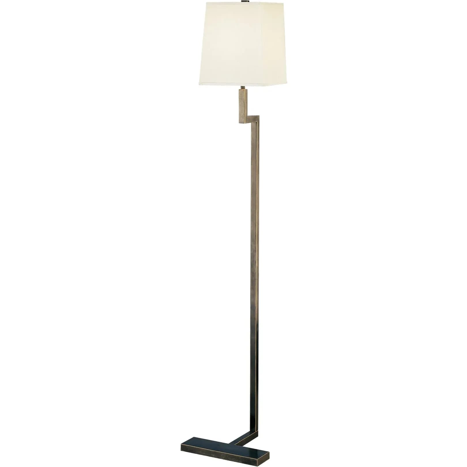 A modern floor lamp characterized by its dark bronze or aged brass finish metal construction and a rectangular, off-white fabric shade. The lamp features a distinctive angular, stepped stem design, anchored by a flat, L-shaped rectangular base that provides stability. — 3D model