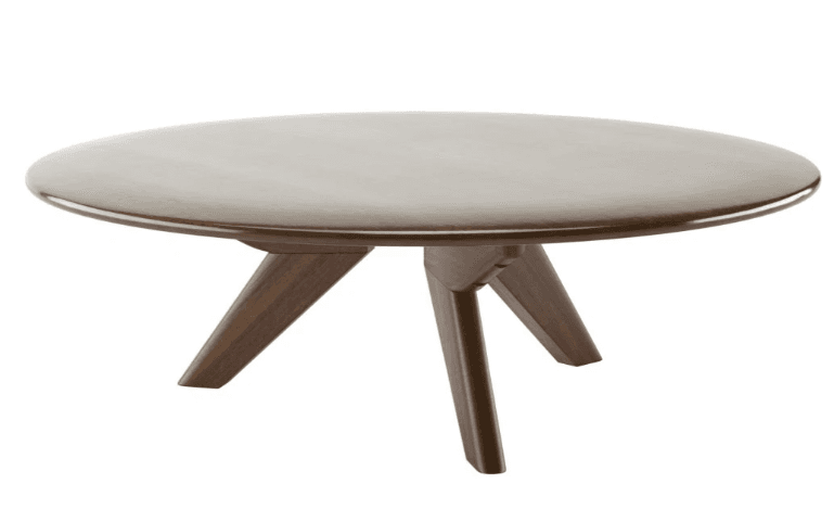 A dark wood, round coffee table with splayed, angled legs, characteristic of mid-century modern design. — 3D model