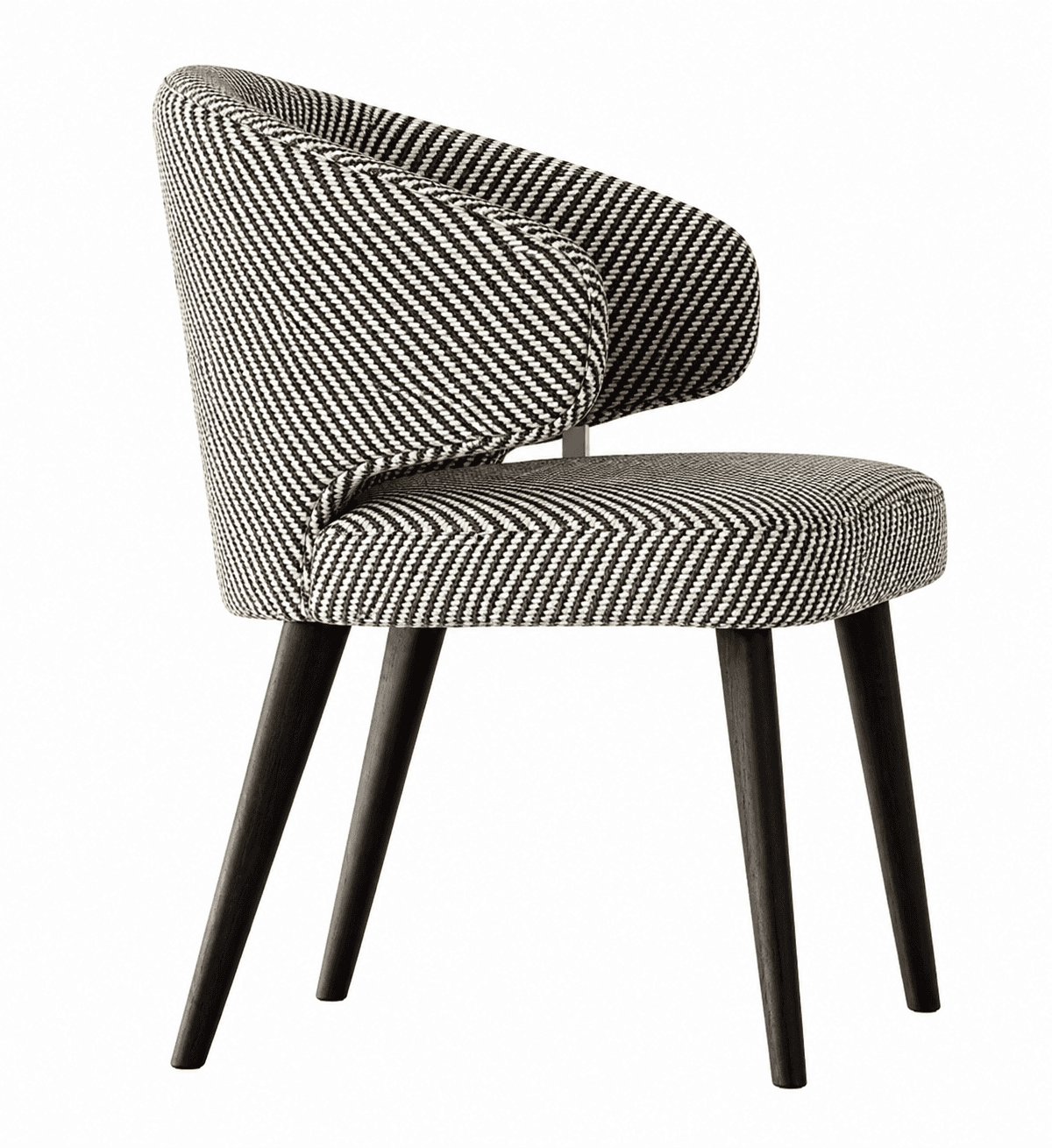 An upholstered armchair featuring a distinctive black and white zigzag pattern, a curved backrest th… — 3D model