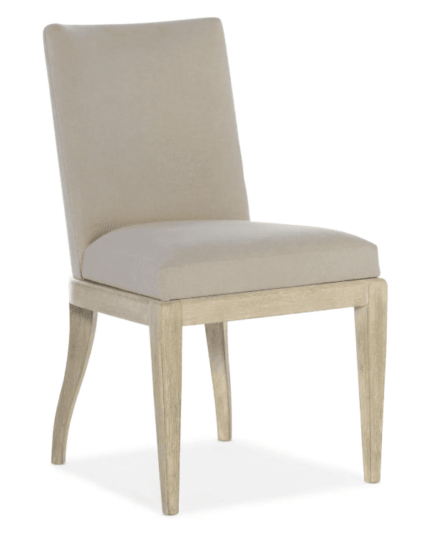 A contemporary dining chair with a neutral-toned upholstered seat and back, supported by a light-colored wooden frame. The chair features a straight, high backrest and tapered legs, with the front legs exhibiting a slight curve. — 3D model
