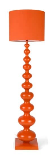 An orange floor lamp with a cylindrical lampshade and a stacked, bulbous base. The base is composed of several rounded, interconnected elements that decrease in size as they ascend the stem. It rests on a square, flat base. — 3D model