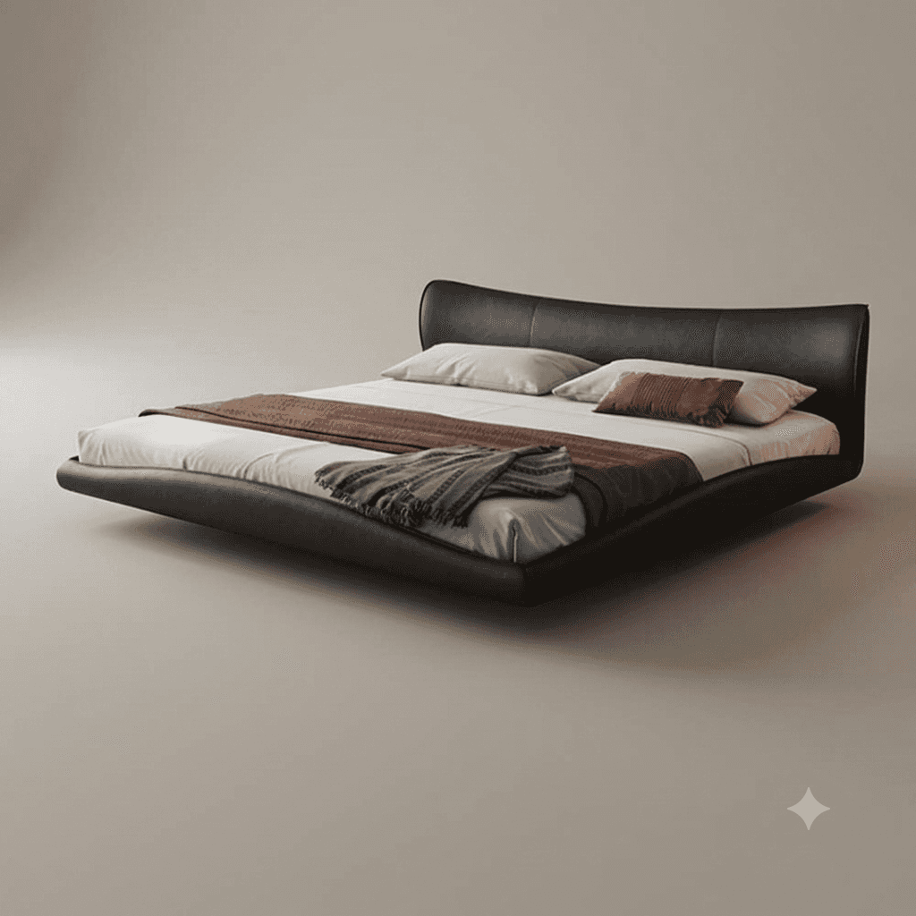 A modern low-profile platform bed featuring a curvilinear headboard and an upholstered frame, presen… — 3D model