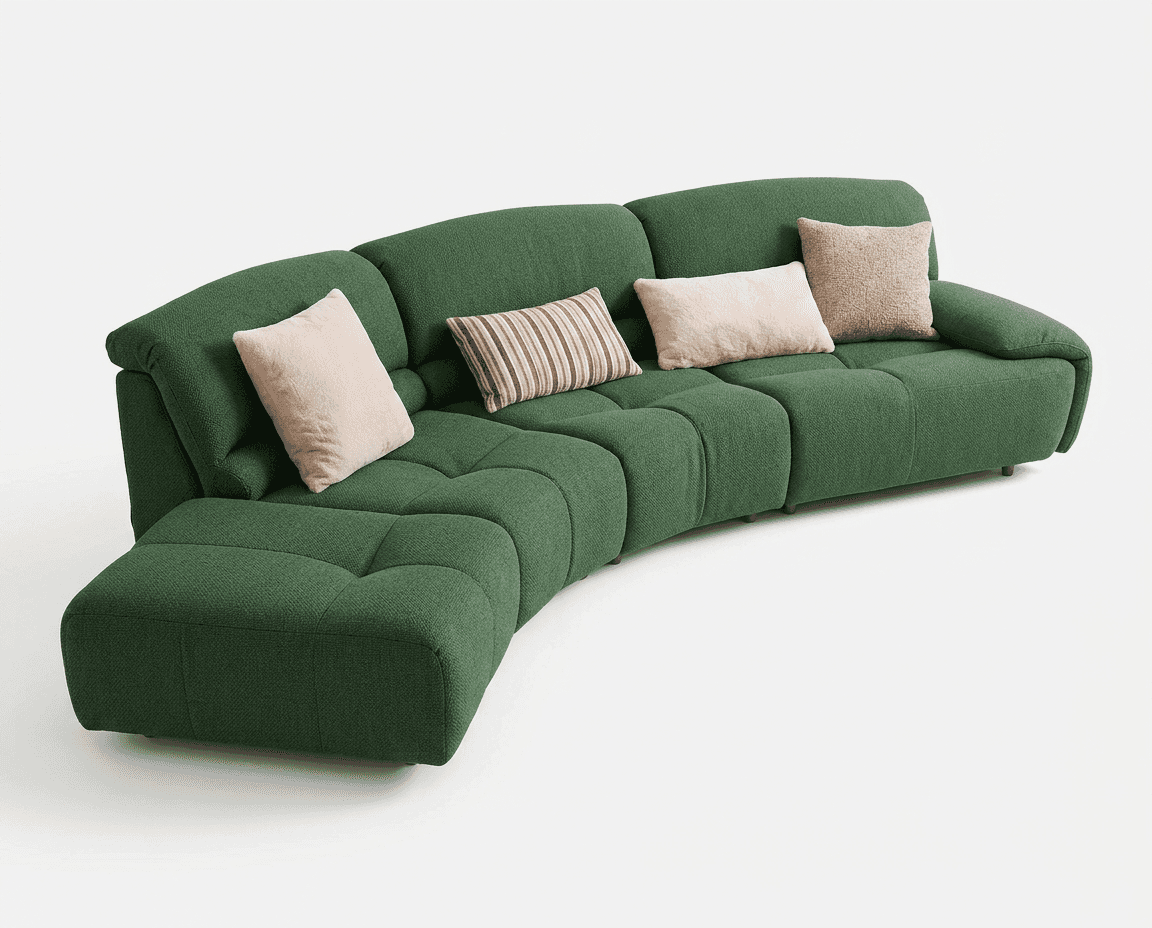 A modular, curved sectional sofa upholstered in a textured, dark green fabric. The sofa features dee… — free OBJ 3D model