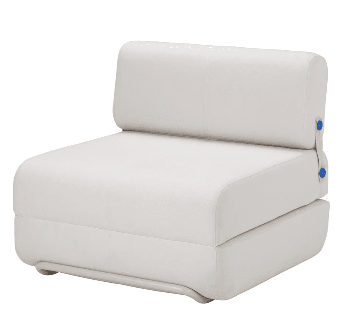 A white upholstered single convertible floor chair, featuring an adjustable backrest and a minimalist design. It is armless with rounded edges and rests on a subtle, curved metal base, suggesting its ability to transform for different uses. — 3D model
