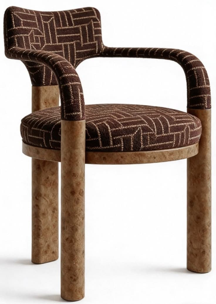 An armchair with a curved backrest and armrests, upholstered in a textured brown fabric with a geometric pattern. The frame and legs are made of a lighter wood with a burl veneer. The seat is round and also upholstered. — 3D model
