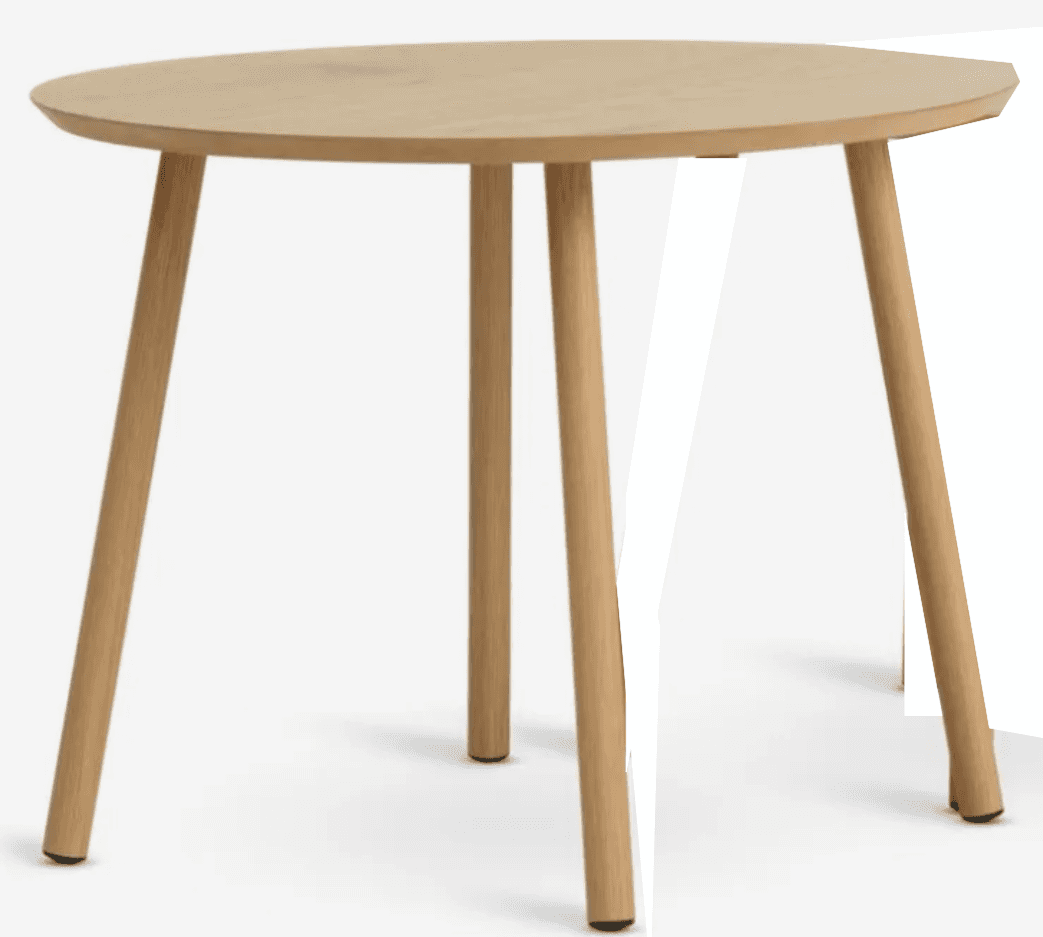 A round, light-colored wooden side table with three tapered legs. The table has a smooth, matte fini… — 3D model