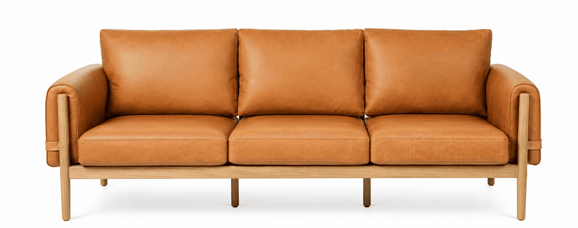 A three-seater sofa with a natural wood frame and tan leather upholstery. The sofa features plush se… — free OBJ 3D model