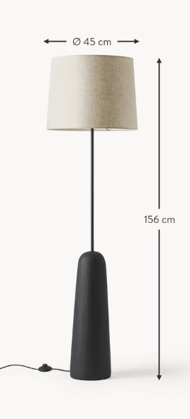 A modern floor lamp featuring a matte black, conical base that tapers upwards, supporting a slender black metal stem. The stem is topped with a cylindrical drum shade in a natural, light beige fabric. The overall design emphasizes clean lines and a minimalist aesthetic. — 3D model