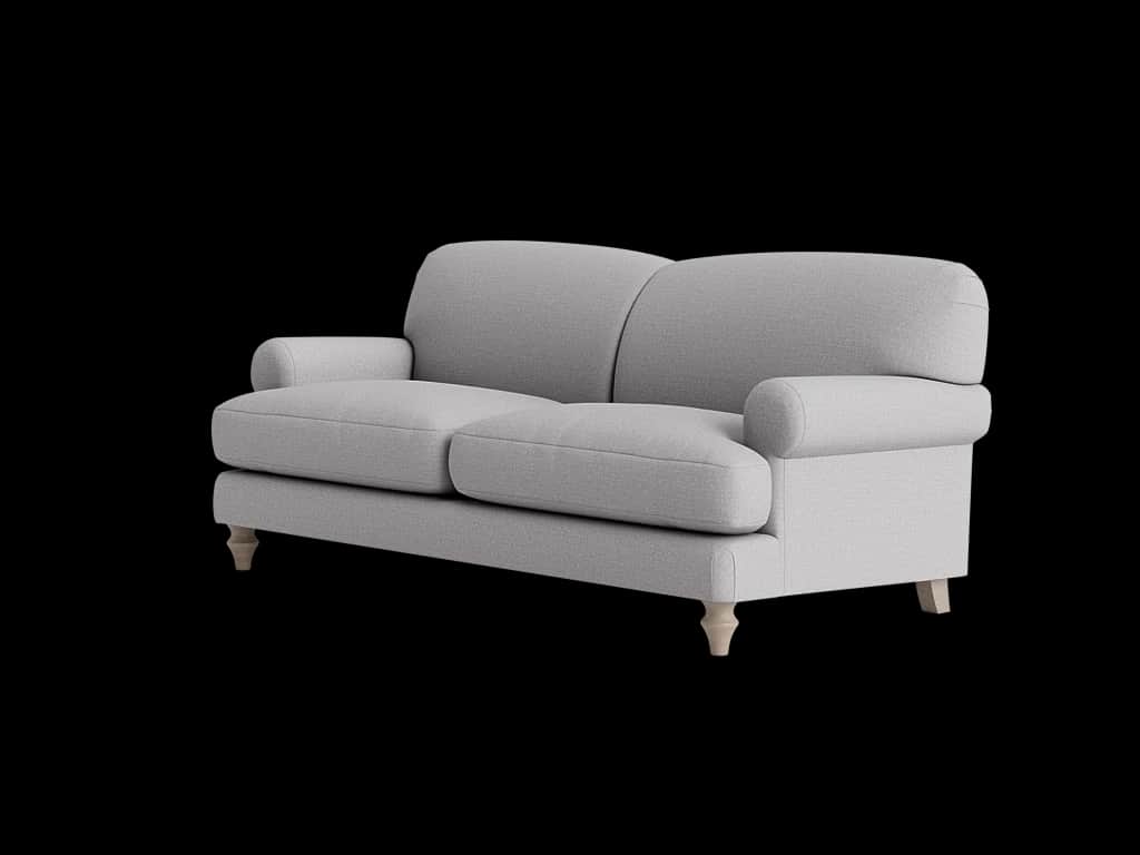 A two-seater sofa with rolled arms and upholstered cushions. It features a light grey textured fabri… — 3D model