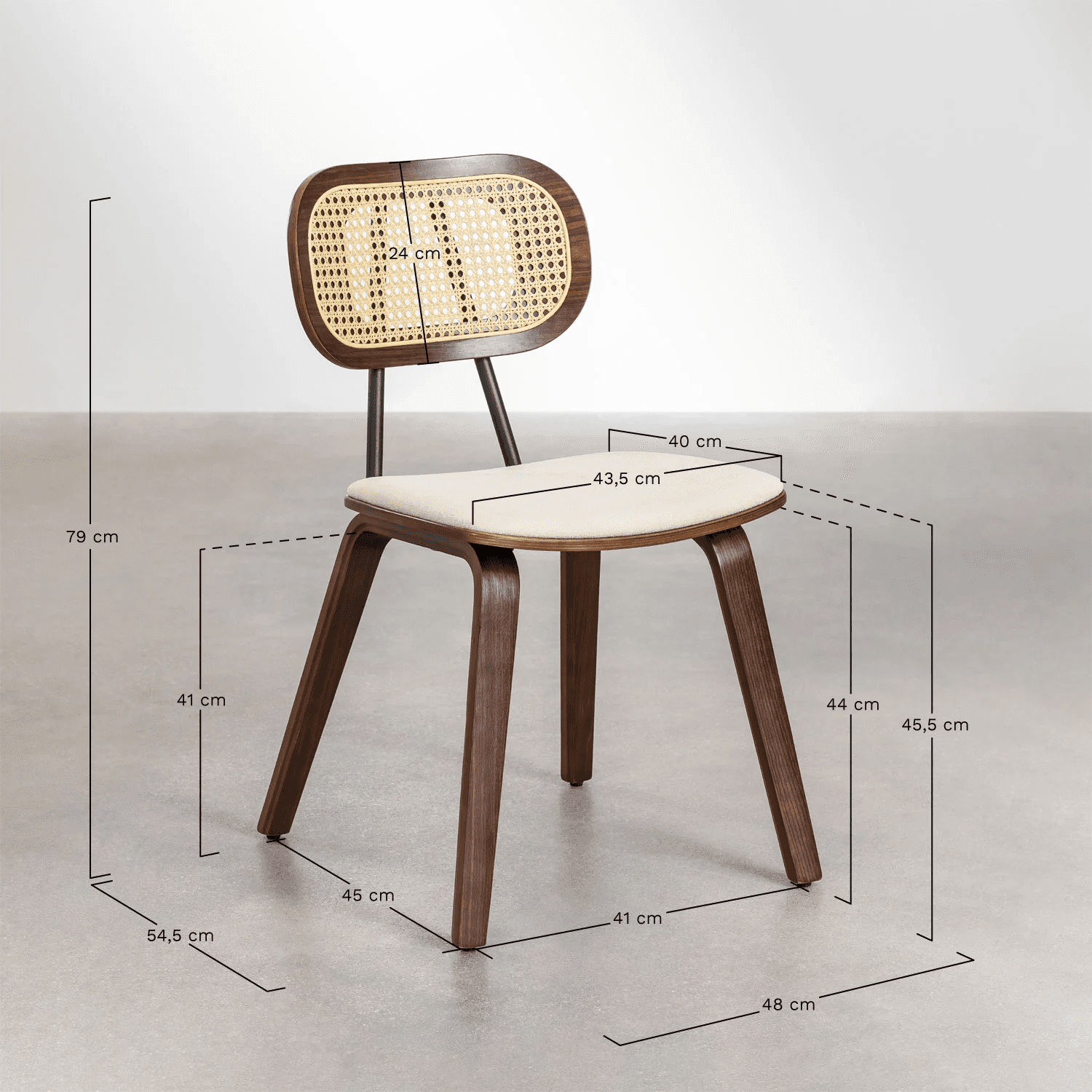 A contemporary dining chair featuring a dark bentwood frame, a rounded backrest with a natural woven cane panel, and a padded upholstered seat in a light beige fabric. The backrest is supported by black metal rods, and the chair stands on four splayed bentwood legs. — 3D model
