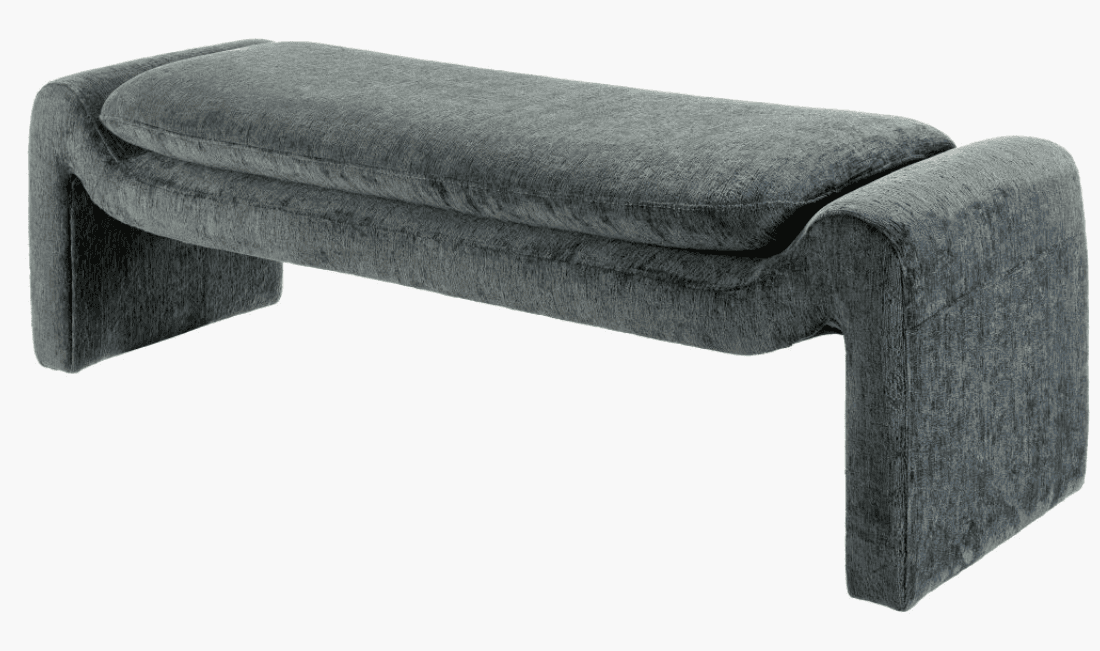 A modern, minimalist bench fully upholstered in a textured charcoal grey fabric. The design features… — 3D model