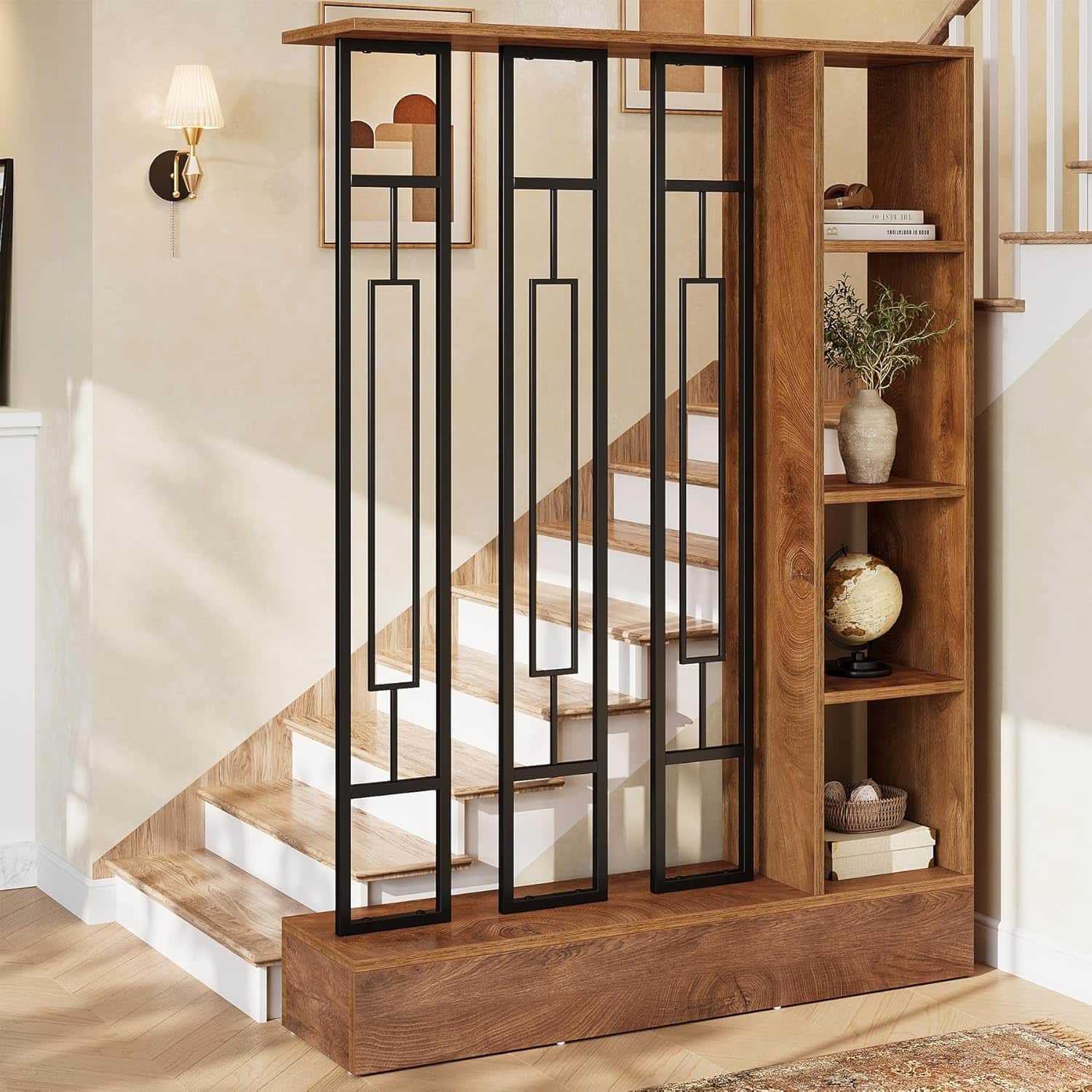 A modern freestanding room divider featuring a decorative metal screen and integrated shelving units… — 3D model