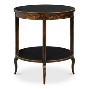 A round, two-tiered side table featuring a black finish with gilded accents and a distinctive Greek key pattern along the apron. The table has a circular top and a smaller circular lower shelf supported by three turned legs, which transition into subtly curved cabriole-style feet. — 3D model