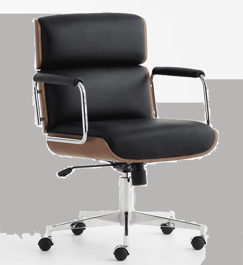 A modern swivel office chair featuring a black padded seat and backrest, supported by a curved bentwood frame. The chair has chrome-plated steel armrests with black padding and a five-star chrome base with casters. A height adjustment lever is visible beneath the seat. — 3D model