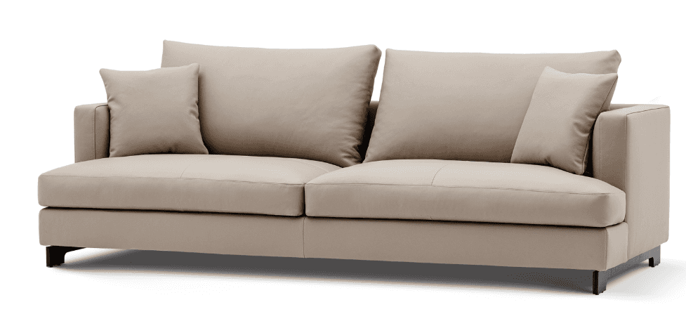 A modern two or three-seater sofa upholstered in a light beige, smooth fabric or faux leather, featu… — 3D model