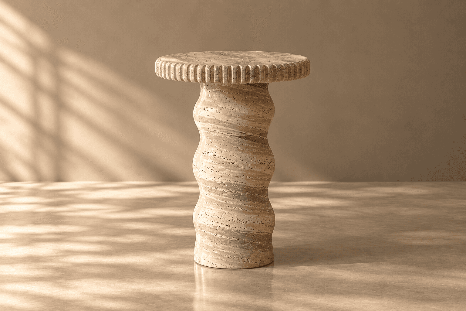 A sculptural pedestal table crafted from travertine. It features a circular top with a fluted edge a… — 3D model