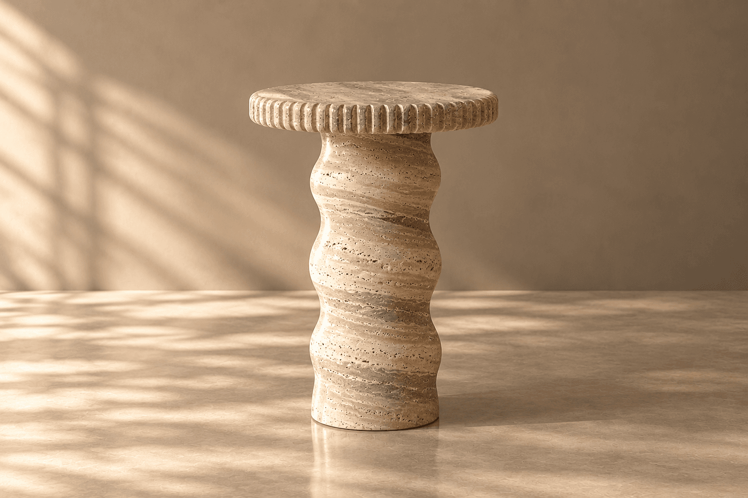 A sculptural pedestal table crafted from travertine. It features a circular top with a fluted edge and a wavy, organic-shaped central base, showcasing the natural variations and textures of the stone. — 3D model