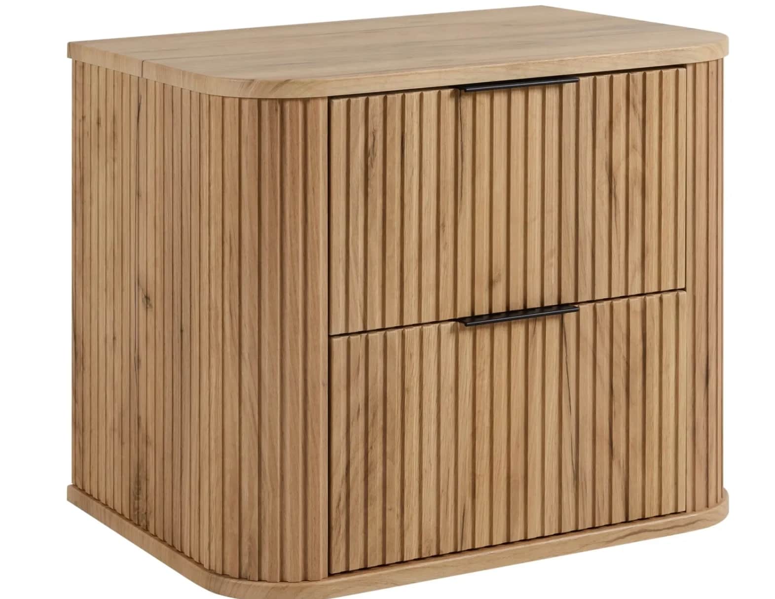 A compact, rectangular bedside cabinet or nightstand made of light-toned oak wood, featuring two dra… — 3D model