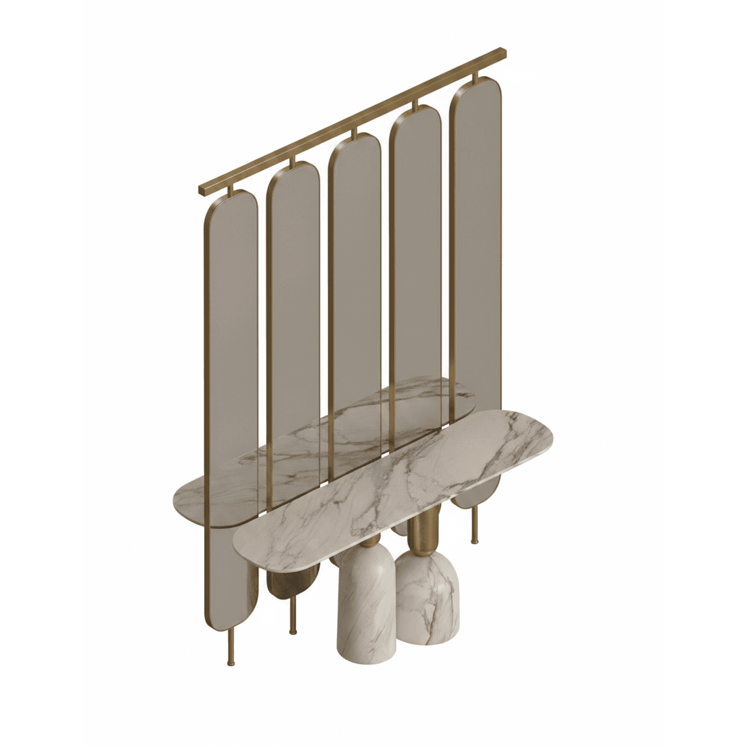 A modern, luxurious console table featuring an integrated decorative screen. The table top and substantial bell-shaped base supports are crafted from white marble with grey veining. The integrated screen consists of multiple vertical, rounded-edge panels, likely of smoked glass or a similar reflective material, framed and connected by polished brass. — 3D model