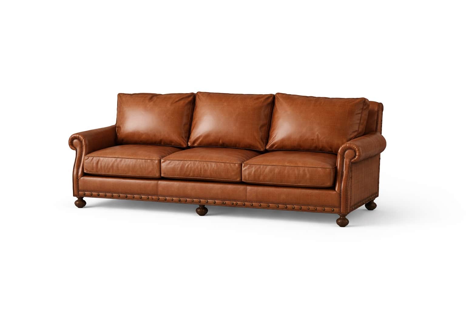 A three-seater sofa upholstered in brown leather with a slightly textured finish. It features rolled… — 3D model