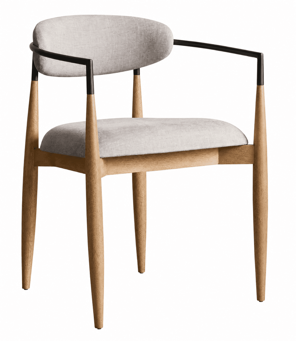 A contemporary armchair featuring a light-toned solid wood frame, light grey fabric upholstery on th… — 3D model