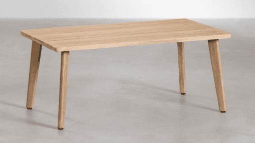 A rectangular dining table crafted from light-toned solid wood, featuring a slatted top and four tap… — 3D model
