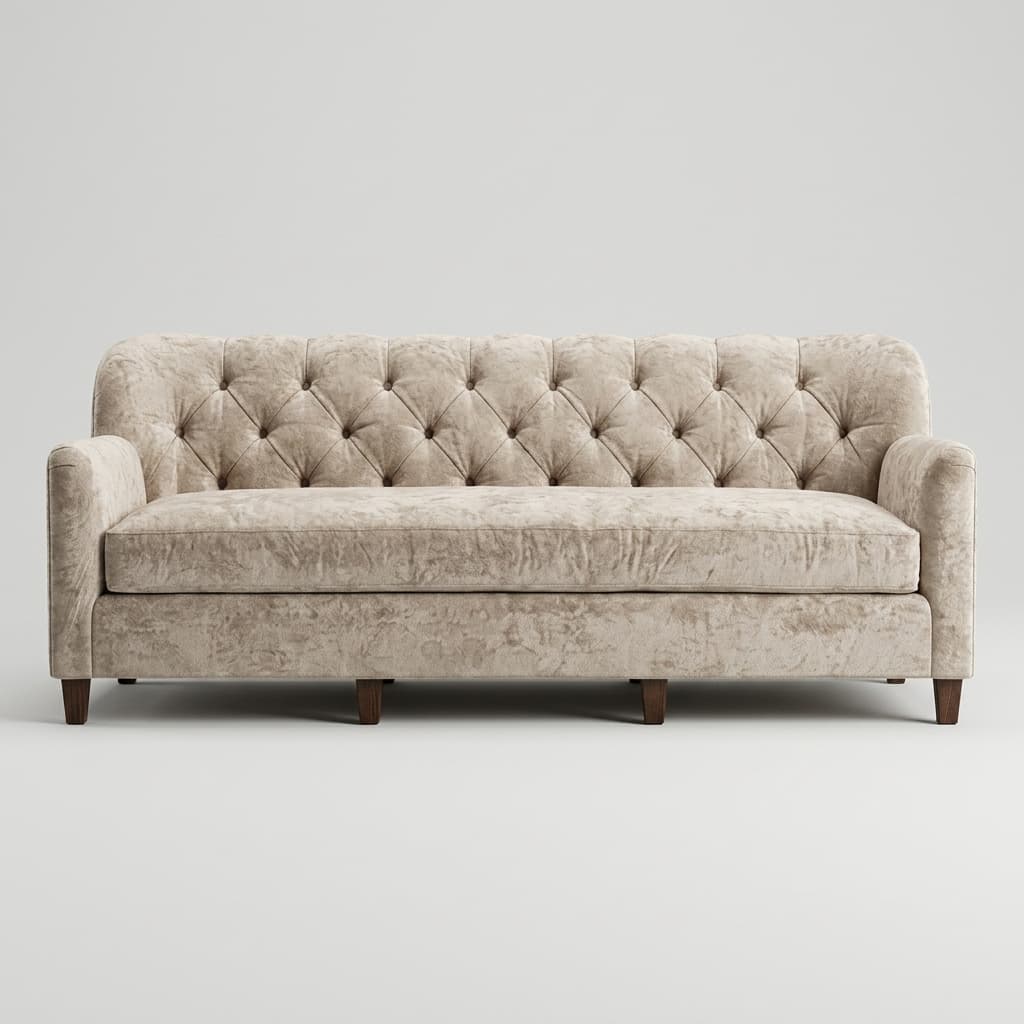 A traditional three-seater sofa featuring deep button tufting across its backrest and inner arms. It is upholstered in a light beige crushed velvet or velour fabric, providing a rich texture. The sofa has gently rolled arms and a single, long seat cushion. It is supported by four short, dark wooden legs. — 3D model