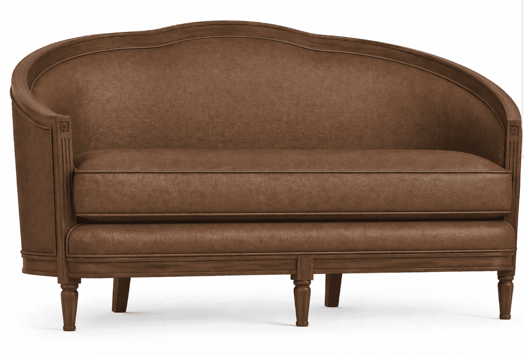 A two-seater sofa upholstered in brown leather with a textured finish. The sofa features a curved ba… — 3D model