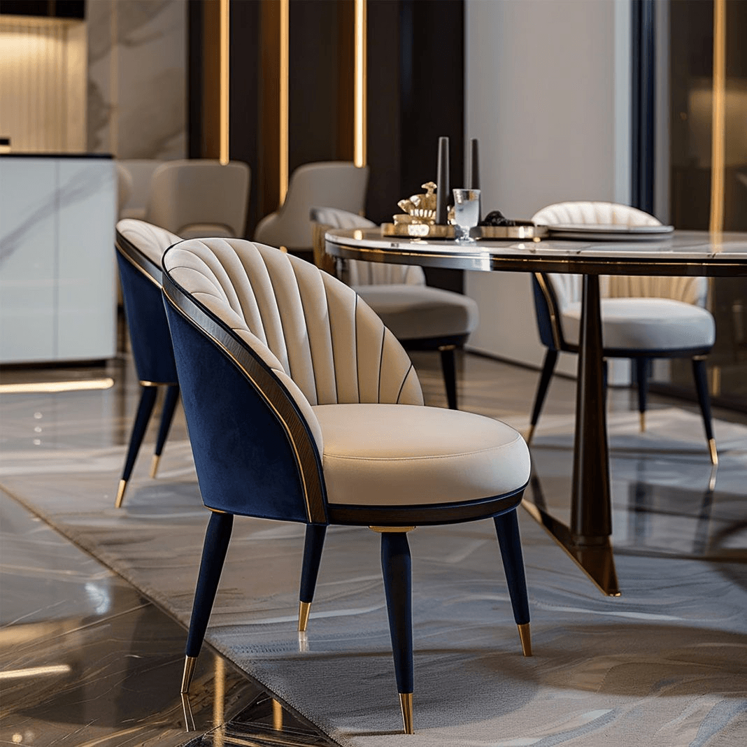 An elegant accent chair featuring a rounded silhouette and a blend of two-tone upholstery with metallic accents. The backrest shows vertical channel tufting, and the legs are tapered with gold tips. — 3D model