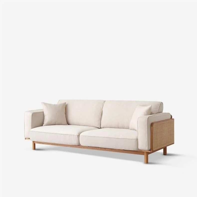 A contemporary two-seater sofa featuring a natural light-toned wooden frame with woven cane panels on the armrests, and off-white upholstered cushions. — 3D model