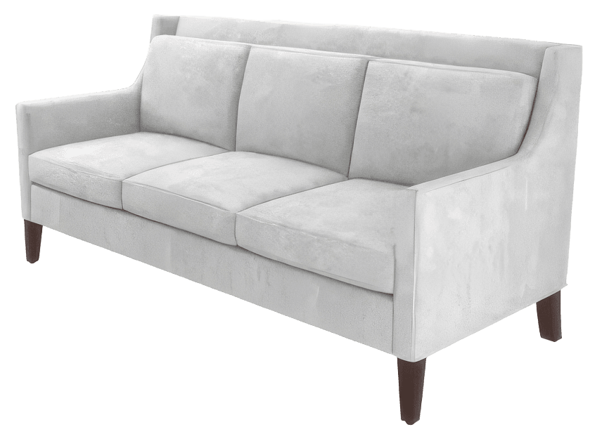 A light gray three-seater sofa featuring a contemporary design. It has three individual seat cushions and three individual back cushions, maintaining a neat appearance. The arms are straight and relatively low, blending into the backrest which is slightly higher than the cushions. The sofa stands on four dark, tapered wooden legs, elevating the piece and contributing to its modern aesthetic. — 3D model