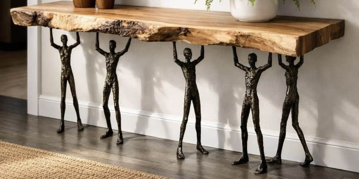 A console table featuring a live-edge wooden top supported by multiple sculptural, dark-finished hum… — 3D model