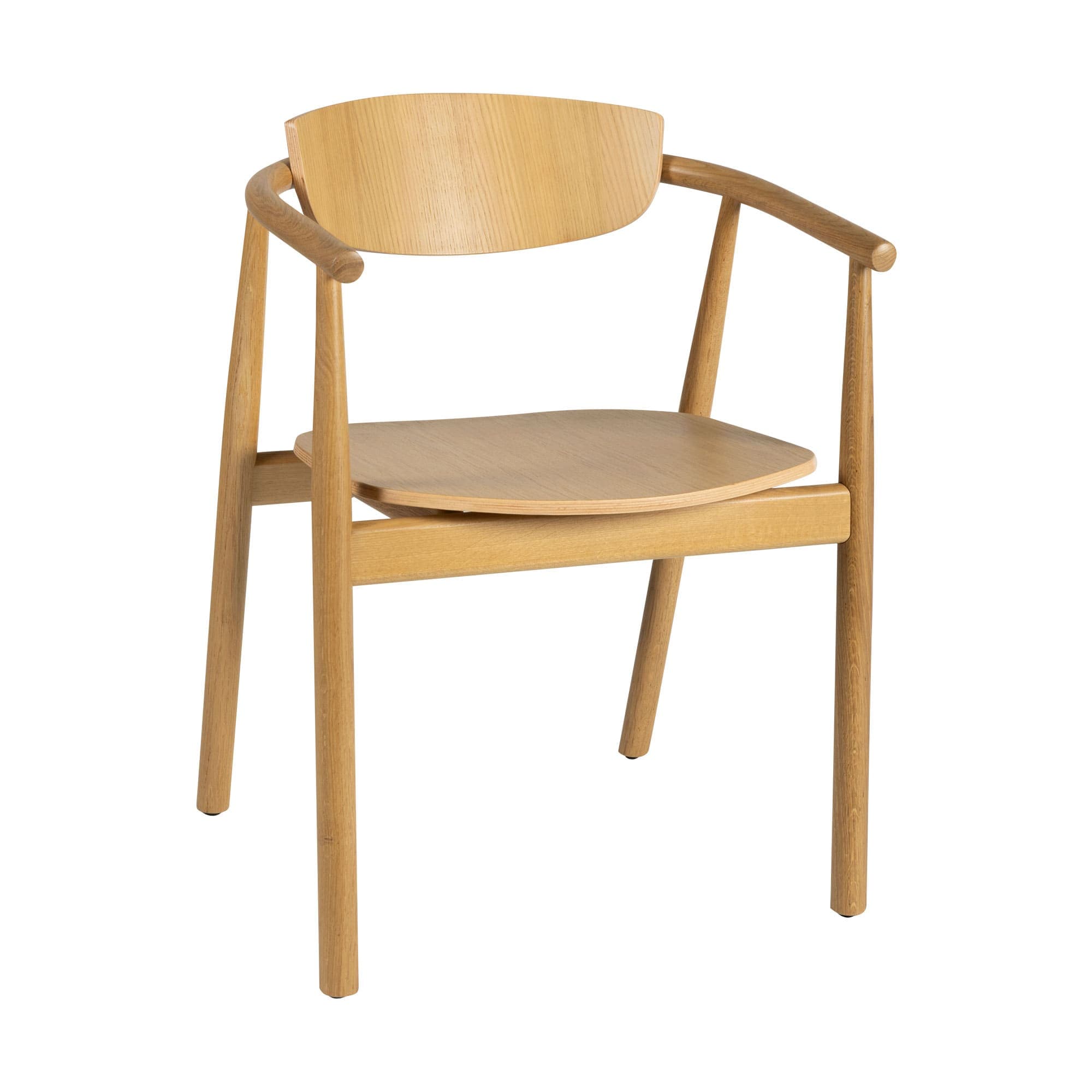 A light-colored wooden armchair with a curved backrest and armrests. The seat is a circular wooden panel. The legs are cylindrical and taper slightly towards the floor. The construction appears to be solid wood with visible grain patterns. The overall design is minimalist and contemporary. — 3D model