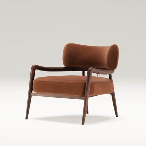 A contemporary lounge chair featuring a dark walnut-finished wood frame and plush burnt orange uphol… — free GLB 3D model