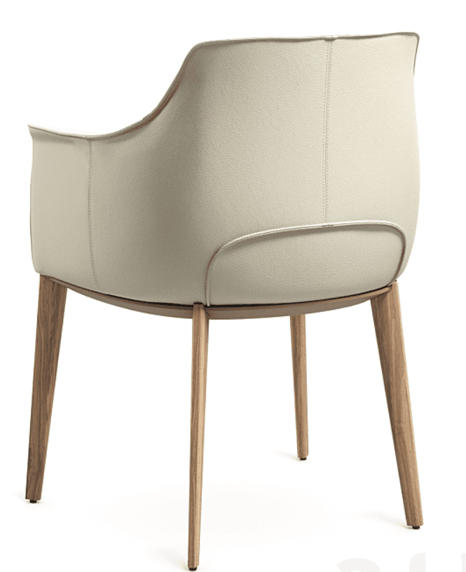 A contemporary armchair featuring an upholstered back and integrated arms, supported by four tapered wooden legs. The upholstery is a light, neutral color with visible seam detailing. — 3D model