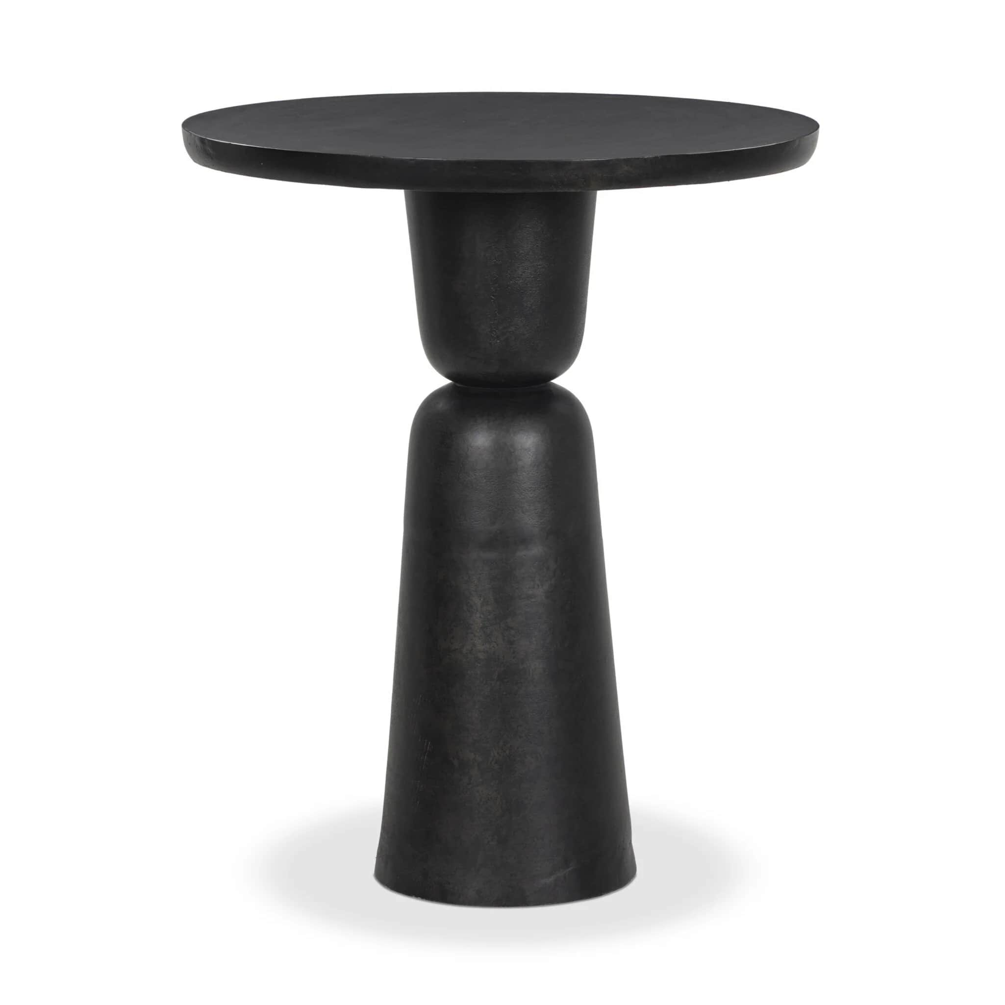 A dark-colored, round-top side table with a unique pedestal base. The base consists of two stacked,… — 3D model