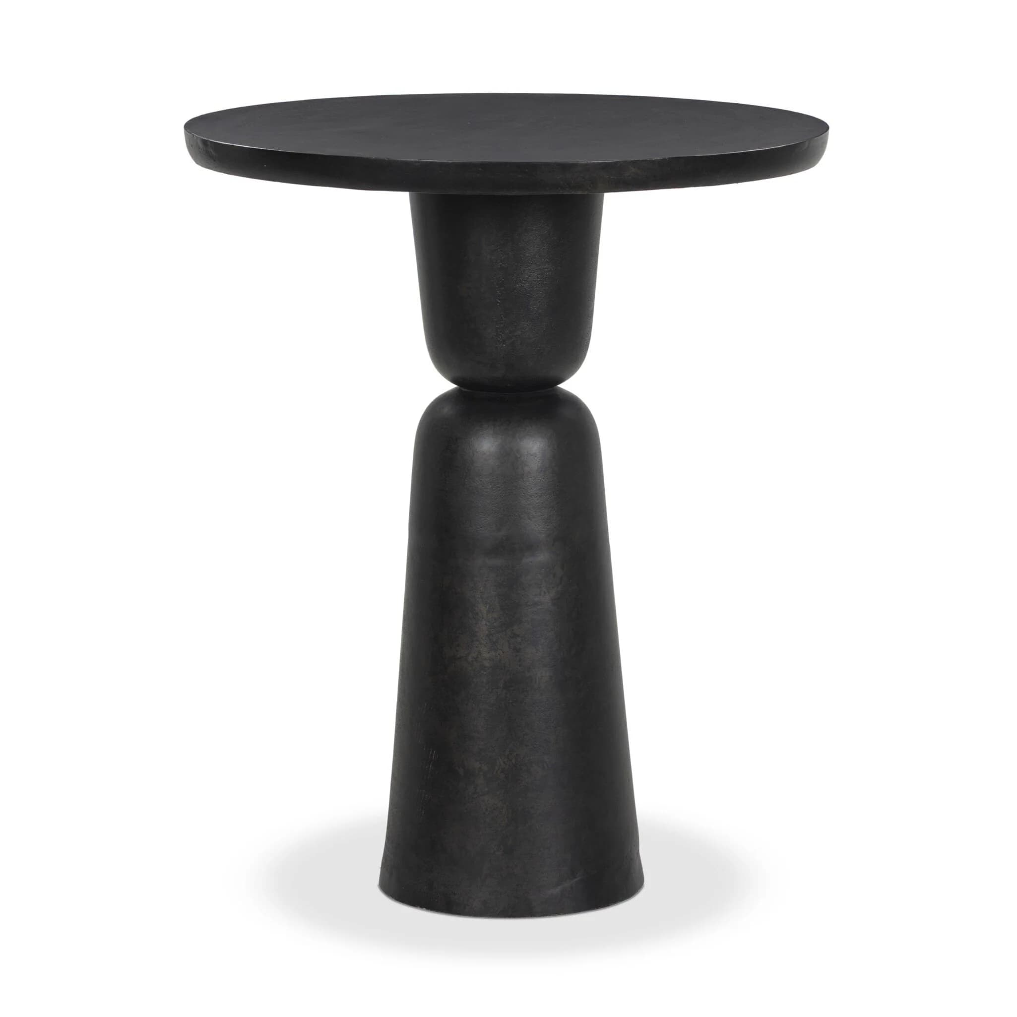 A dark-colored, round-top side table with a unique pedestal base. The base consists of two stacked, bulbous sections, the upper section tapering inwards and the lower section flaring outwards to a wide base. The overall form suggests a sculptural, contemporary design. — 3D model
