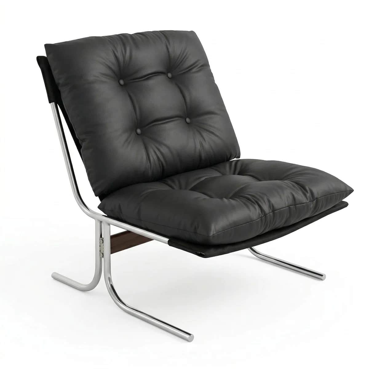 A modern lounge chair featuring a minimalist chrome sled base and thick, tufted black leather cushio… — 3D model