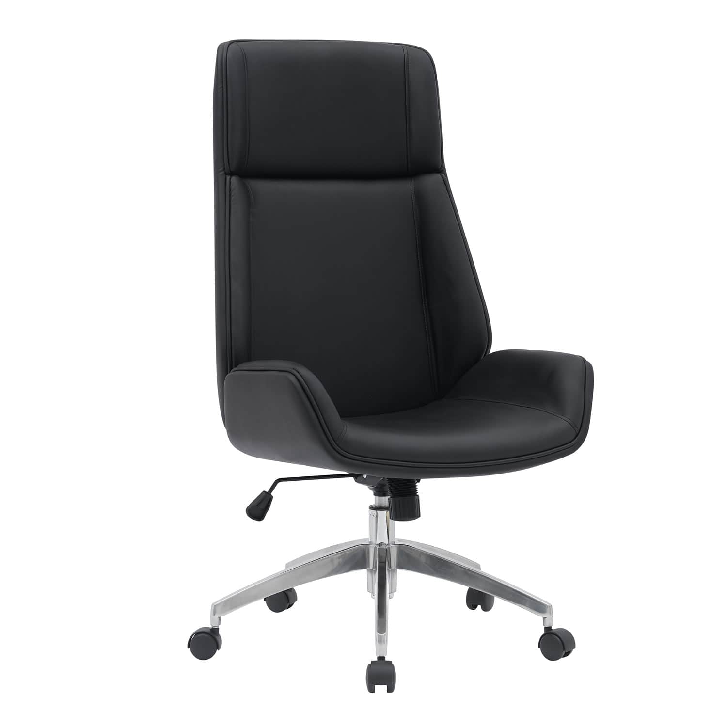 A modern high-back executive office chair upholstered in black material, featuring a padded seat, ba… — free BLEND 3D model