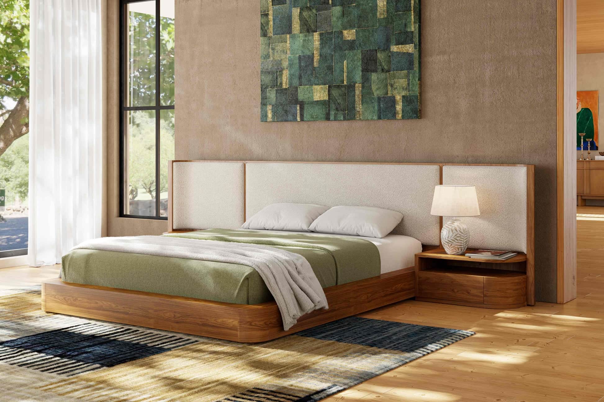 A modern platform bed featuring a rich wood-finished frame and a light-colored upholstered headboard… — 3D model